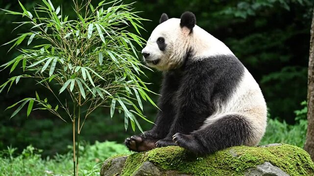 A serene giant panda sits peacefully on a moss-covered rock, surrounded by vibrant green bamboo shoots and lush foliage in a natural, wild environment. The magnificent black and white mammal appears c