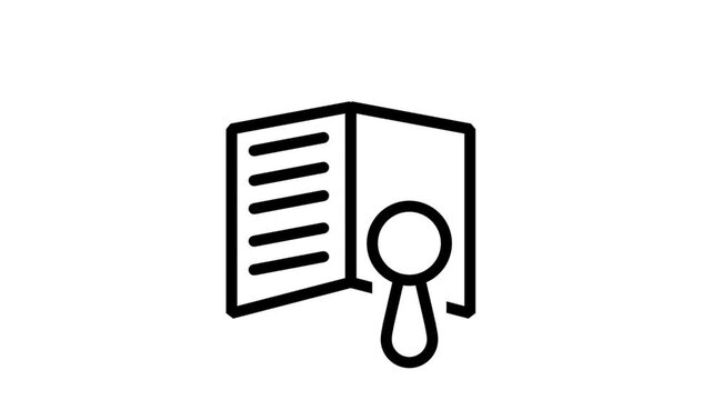 Magnifying Glass over Document motion icon. Magnifying glass searching a document icon for auditing, data research, investigation, and legal file analysis.