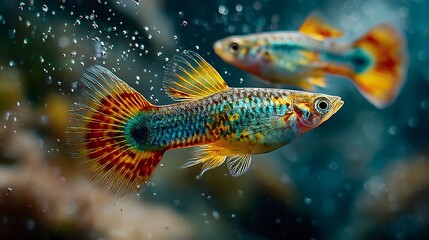 Fototapeta premium Two colorful molly fish swimming gracefully together in clear tank against bright blue background