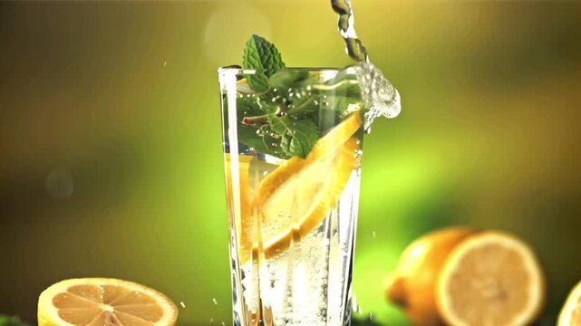 Cinematic slow-motion macro lemonade pouring tall clear glass, lemon slices fresh mint leaves floating, sparkling microbubbles rising, condensation dripping glass, sunlight filtering yellow citrus
