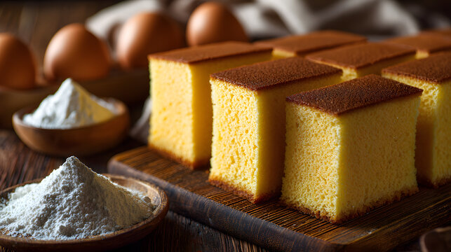 Traditional Japanese castella sponge cake cut into cubes