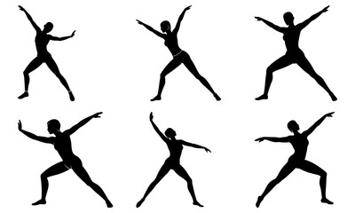 Silhouettes of people practicing yoga in various poses and stretches on a plain background from different viewpoints