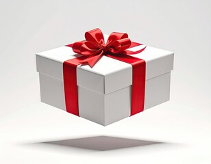 Obraz premium White box with red ribbon, floating with shadow