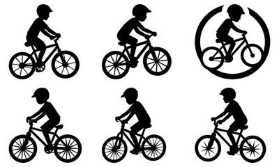 Cyclist riding bicycle in different poses and views, illustrated in black silhouette