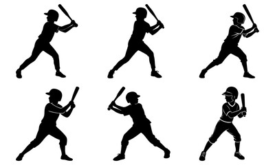Baseball players in various silhouetted poses swinging bats on a white background from different viewpoints