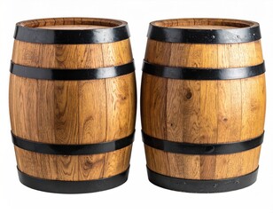 Obraz premium Two wooden barrels with black bands on a white backdrop (1)
