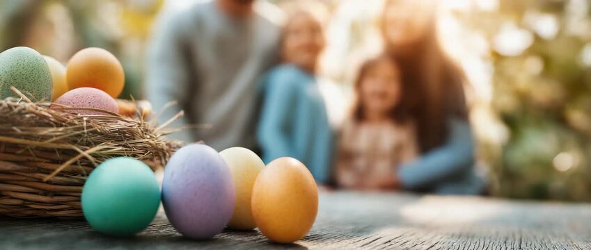 happy family celebrating easter with colorful easter eggs outdoors, spring holiday campaign, joyful moment