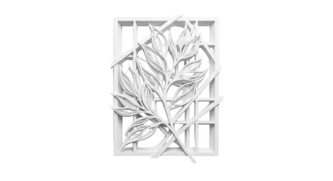 Elegant leaf branch in a square frame isolated PNG, modern paper cut design element on transparent background for creative projects