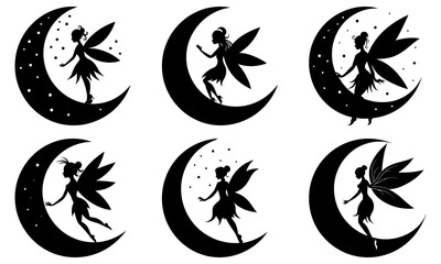 A silhouette of fairy illustrations on crescent moons with stars in various dynamic poses and viewpoints