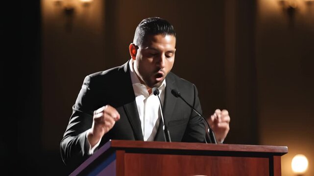 Man in suit speaking at podium