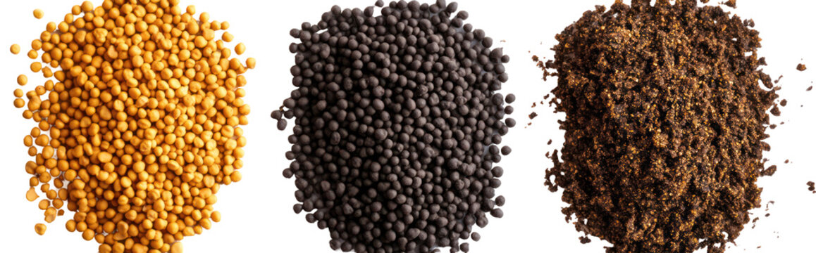 Vermicompost Granules, Mustard Cake, and Bone Meal Organic Fertilizers on transparent background