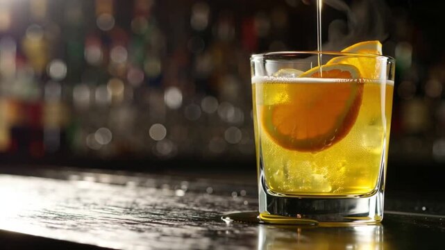 Cinematic 4K slow-motion video, close-up old-fashioned glass cocktail, yellow golden cocktail citrus slices zest, thin stream honey pouring in, swirling liquid, tiny bubbles rising, condensation on