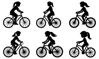 Multiple female cyclists riding bicycles in various positions against a clean white background from a side viewpoint