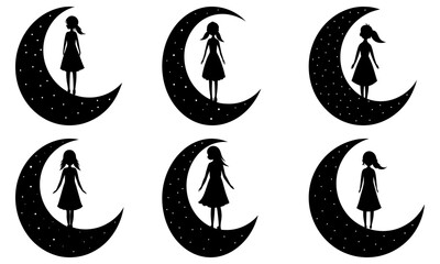 Six silhouetted girls standing on crescent moons in a serene nighttime illustration