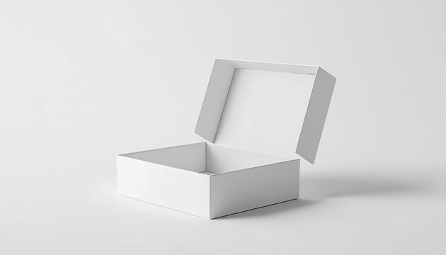A white cardboard box with its lid open, sitting on a plain surface