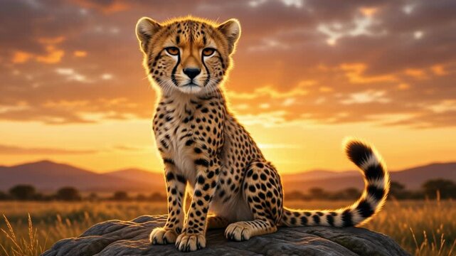 Confident realistic cheetah sitting on rock with tail curled against warm sunset sky, wild predator resting in african savannah environment at dusk.