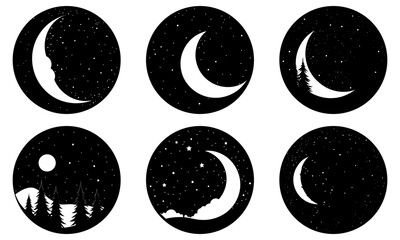 Crescent moon phases illustration set against a starry night sky with silhouetted landscape