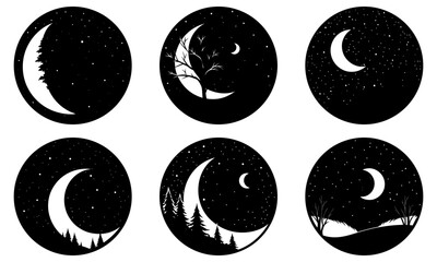 Crescent moon phases illustration set against night sky with trees and stars