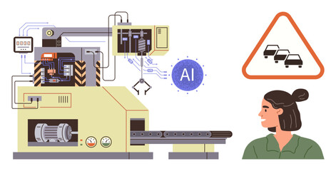 Fototapeta premium Artificial intelligence, automation, manufacturing, robotics, traffic systems, safety protocols. Industrial machinery with AI integration, traffic warning sign person observing. Automation