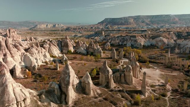 Scenic view of Love Valley in Cappadocia, Turkey, famous for its unique rock formations and fairy chimneys shaped by volcanic activity and erosion.