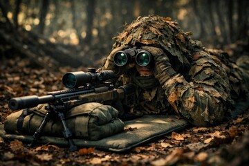 Fototapeta premium Camouflaged sniper soldier lying in forest with rifle and binoculars, tactical reconnaissance and stealth military concept.