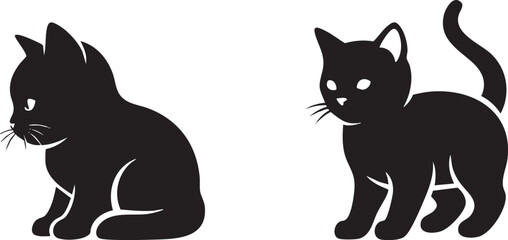 Two black silhouettes of cute cartoon cats, vector icons © Md