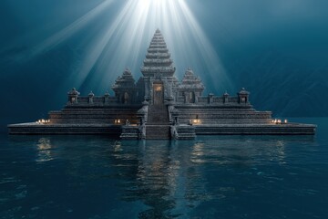 Ancient stone temple by mystic water with atmospheric light rays. Mystical spirituality and sacred place for religious journey, retreat.