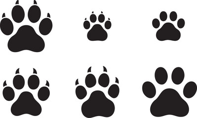 Fototapeta premium Set of six black paw print silhouettes of different sizes, vector icons