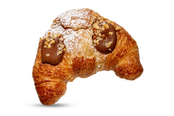 Croissant filled with chocolate and hazelnut cream isolated on a white background with cutout path included