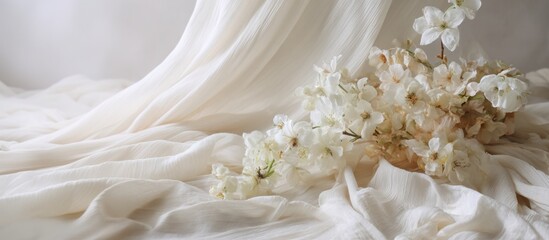 Elegant wedding still life in Cloud Dancer cream white tones, silk fabric, minimal florals, soft natural light, timeless romantic aesthetic