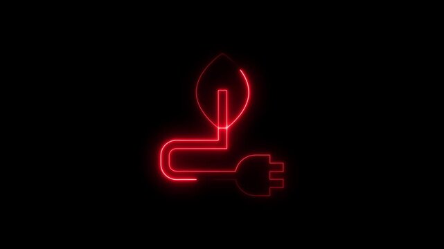 Vivid Red Neon Outline Symbolizing Leaf and Electrical Plug Connection on Black image photo