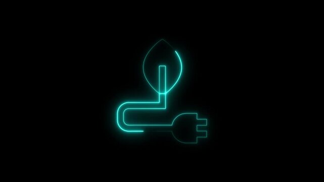 Glowing Cyan Neon Leaf and Power Plug Icon on Black Background Representing Renewable Energy green