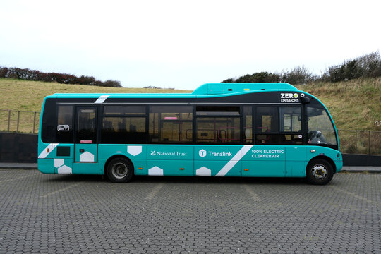 County Antrim, Northern Ireland. October 8th 2025. Profile View of Eco-Friendly Zero Emissions Electric Shuttle Bus at Giant's Causeway