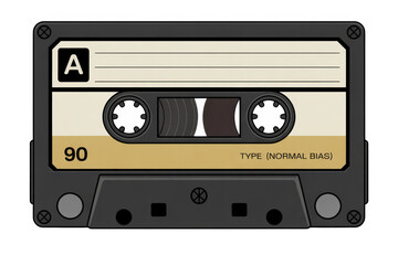 Fototapeta premium Black cassette tape with white and gold label isolated on a transparent background