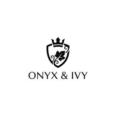 Elegant shield with crown and ivy leaf crest for luxury fashion or premium boutique branding identity labeled with ONYX & IVY typography