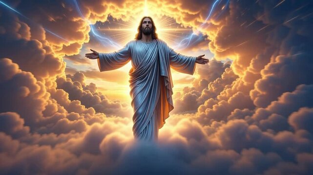 Abstract heaven ascension motion graphics with silhouette of Jesus Christ in sunset cloudscape, religious spiritual awakening and divine sacred healing.