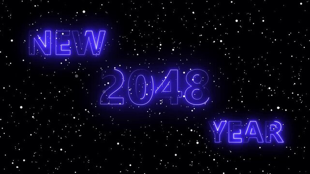 Happy New Year Neon 2048 Animation &ndash; blue Particles Celebration Loop. Glowing Neon 2048 Text with Snow Particles &ndash; Festive Holiday Motion Graphic	