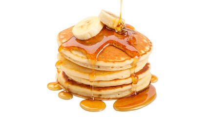 Stack of pancakes with banana slices and maple syrup poured on top isolated on transparent background cut out