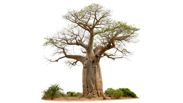 Large baobab tree stands alone isolated on transparent background cut out