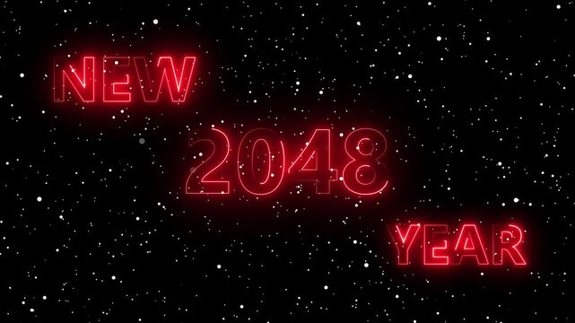 Happy New Year Neon 2048 Animation &ndash; red Particles Celebration Loop. Glowing Neon 2048 Text with Snow Particles &ndash; Festive Holiday Motion Graphic	