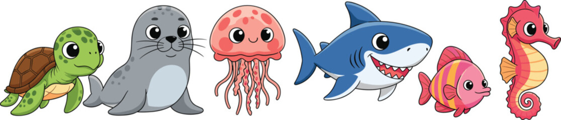 Marine animals cartoon vector set. Cute turtle, seal, jellyfish, shark, fish and seahorse. Adorable ocean animal illustrations isolated on white background. © ALFINI