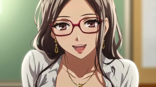3D Animation of Busty Anime Woman Teacher Wearing Glasses Teaching in Classroom Environment