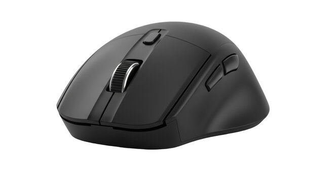 Ergonomic black wireless computer mouse isolated on transparent background, modern office peripheral device PNG