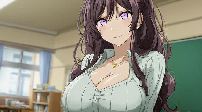 3D Animation of Busty Anime Woman Teacher Wearing Shirt Teaching in Classroom Environment