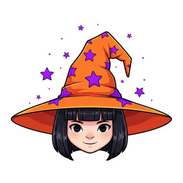 A cute cartoon character's head with sleek dark bob-cut hair and innocent eyes, wearing an exaggerated orange witch's hat adorned with purple stars, isolated on a transparent background with floating