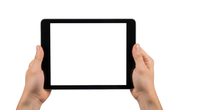 Hands holding tablet PNG isolated on transparent background, person using digital device for communication and entertainment