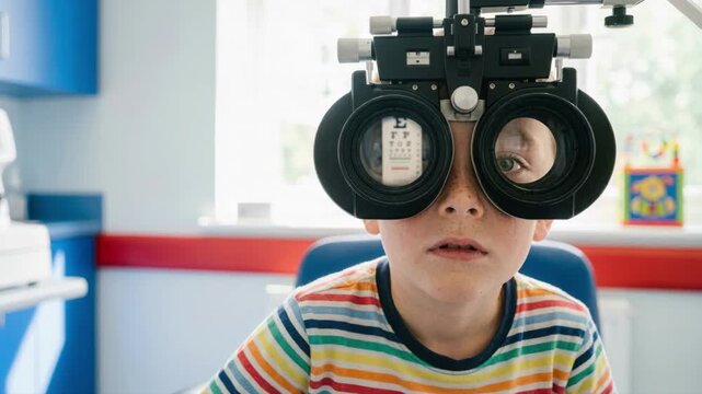 Close-up of a young boy undergoing an eye examination with a phoropter in a clinic. Child patient checking vision at an ophthalmologist appointment. Pediatric eye care and health concept
