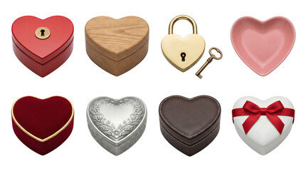 Heart shaped box set including metal, wood, leather, ceramic, and velvet variants isolated. Decorative gift containers and romantic jewelry storage collection.