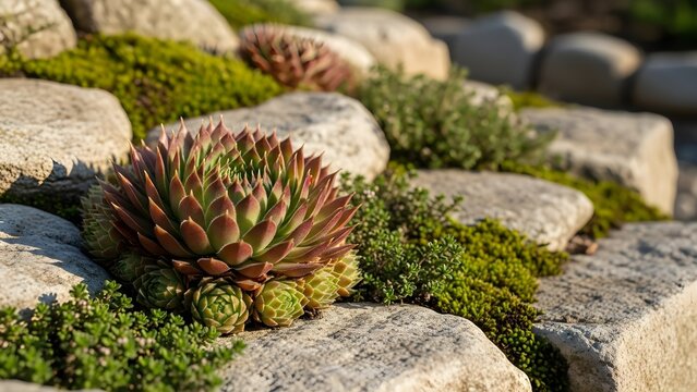 Sunlit rock garden with a single sempervivum succulent rosette nestled between pale stone blocks and cushions of lush green groundcover, highlighting rich textures, earthy tones, and the resilient bea