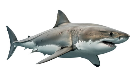Naklejka premium Great white shark isolated PNG on transparent background, powerful sea predator with sharp teeth for marine life and ocean concepts